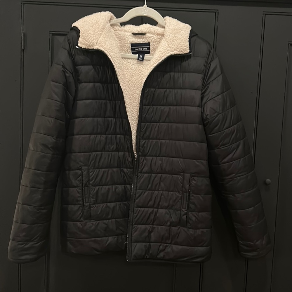 Lands End black thermalite, fleece lined, hooded jacket